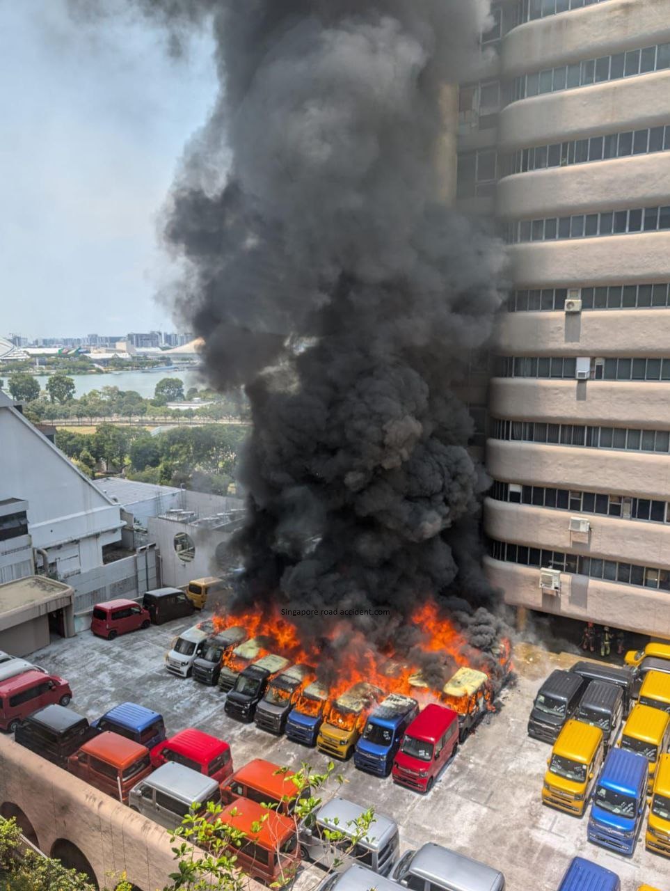 Cars on fire at golden mile tower